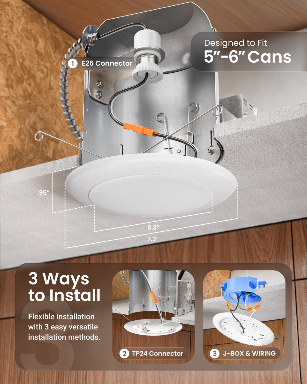 Light fixture installation guide with measurements and installation methods on ceiling.