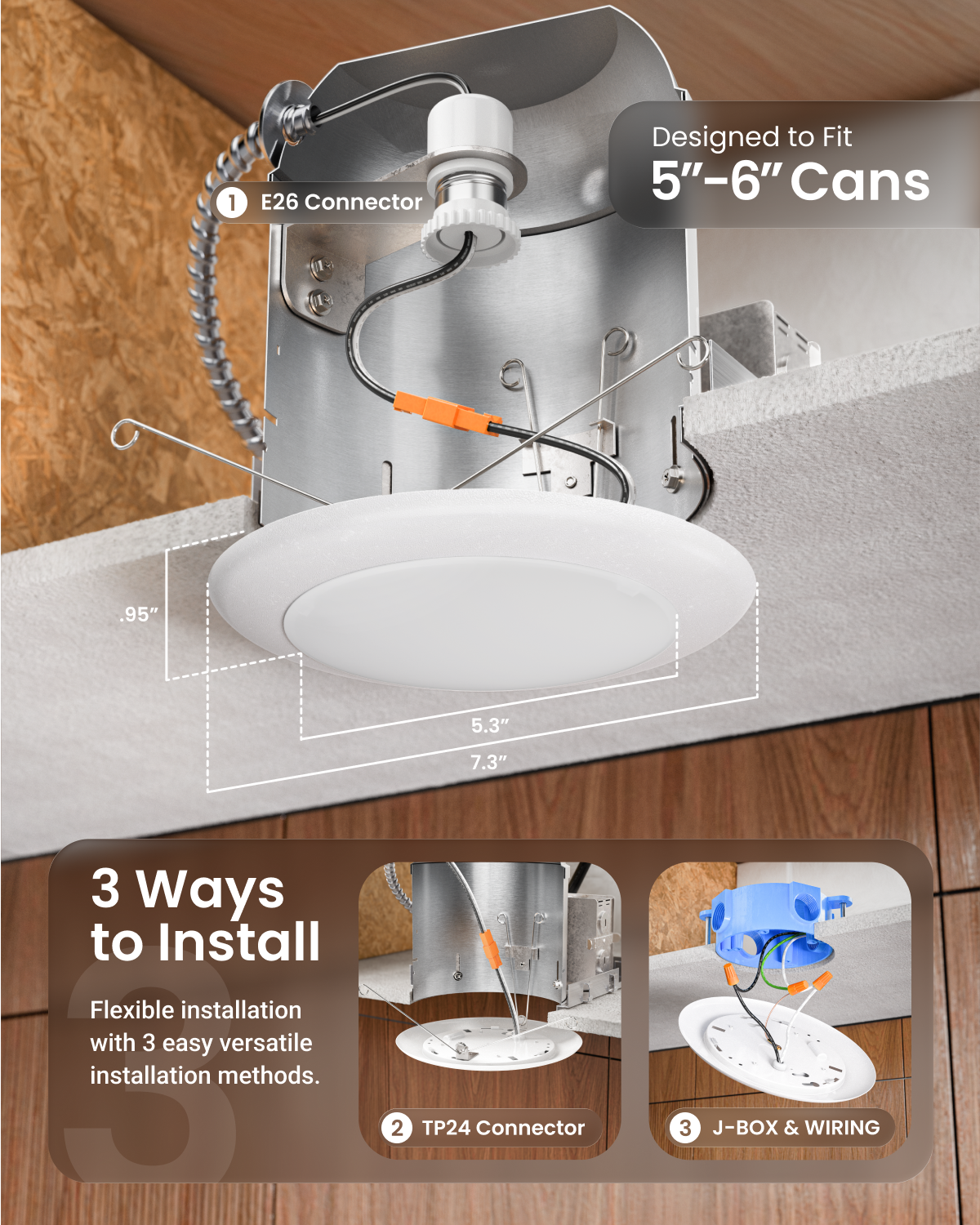 Light fixture installation guide with measurements and installation methods on ceiling.