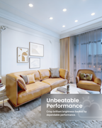A modern living room featuring a tan leather sofa, a matching armchair, and neutral-toned wall art, with a translucent banner overlay at the bottom right reading 'Unbeatable Performance'.