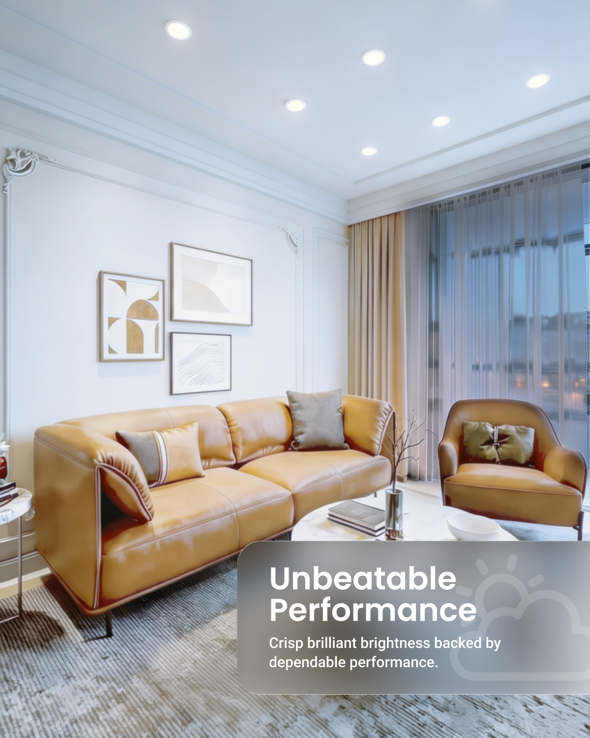 A modern living room featuring a tan leather sofa, a matching armchair, and neutral-toned wall art, with a translucent banner overlay at the bottom right reading 'Unbeatable Performance'.