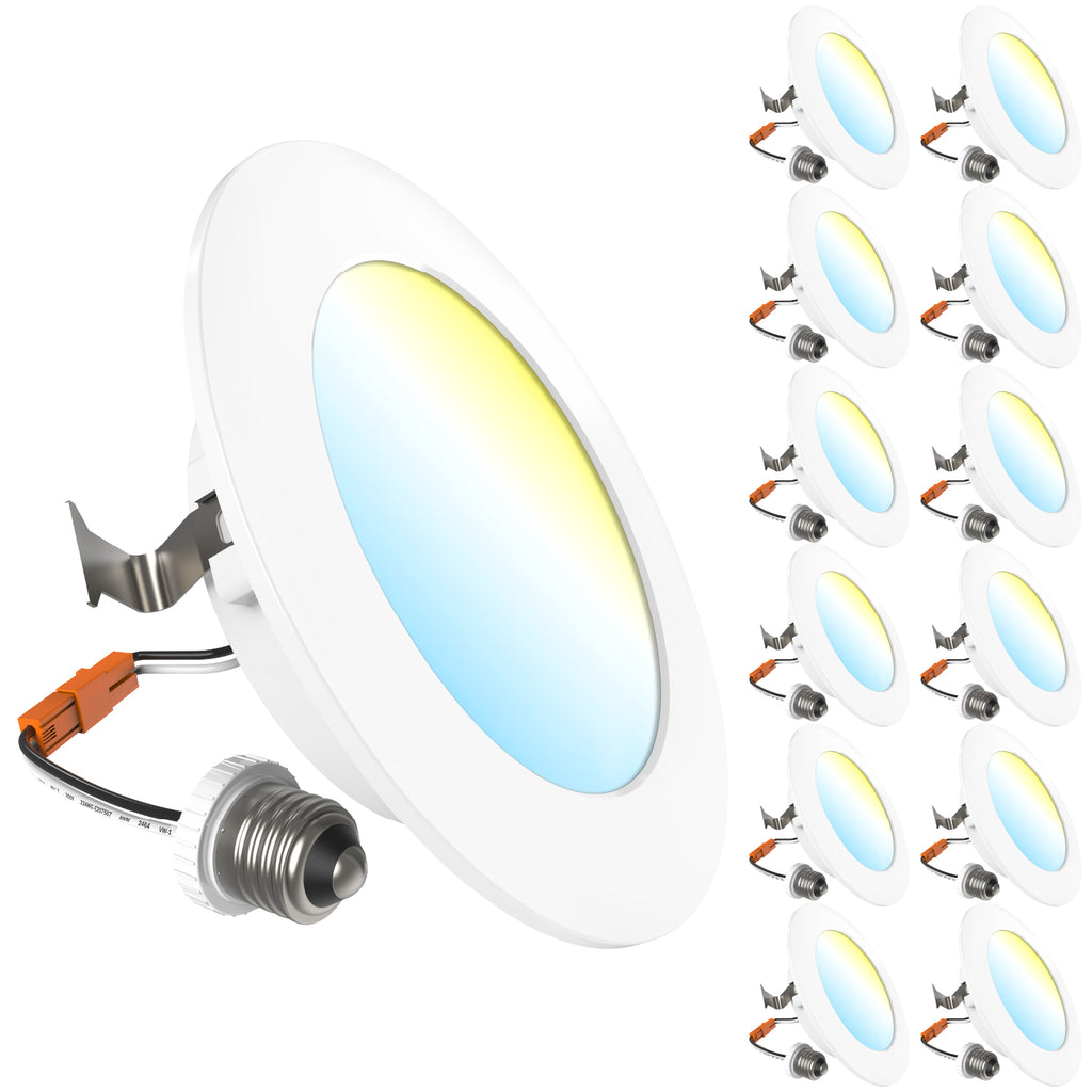 White retrofit downlight with spring clips, orange connector, and E26 adapter; 12 units arranged at right