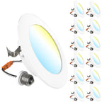 White retrofit downlight with spring clips, orange connector, and E26 adapter; 12 units arranged at right