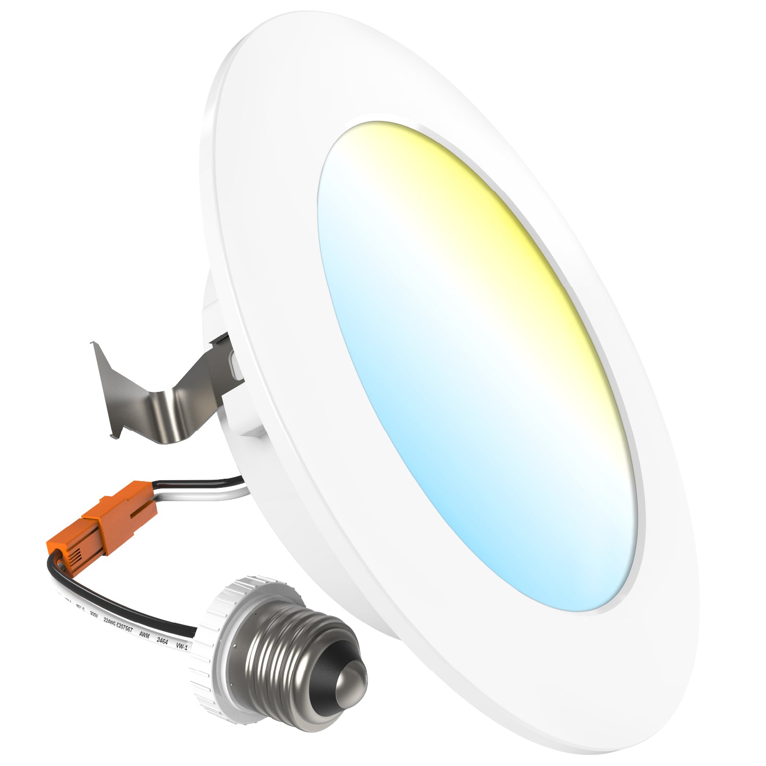 White retrofit downlight with spring clips, orange connector, and E26 screw adapter on a white background.