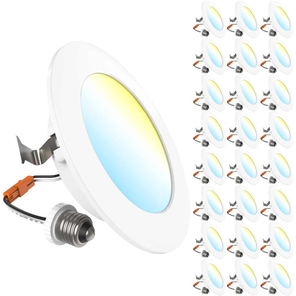White retrofit downlight with spring clips, orange connector, and E26 adapter; 24 units arranged at right