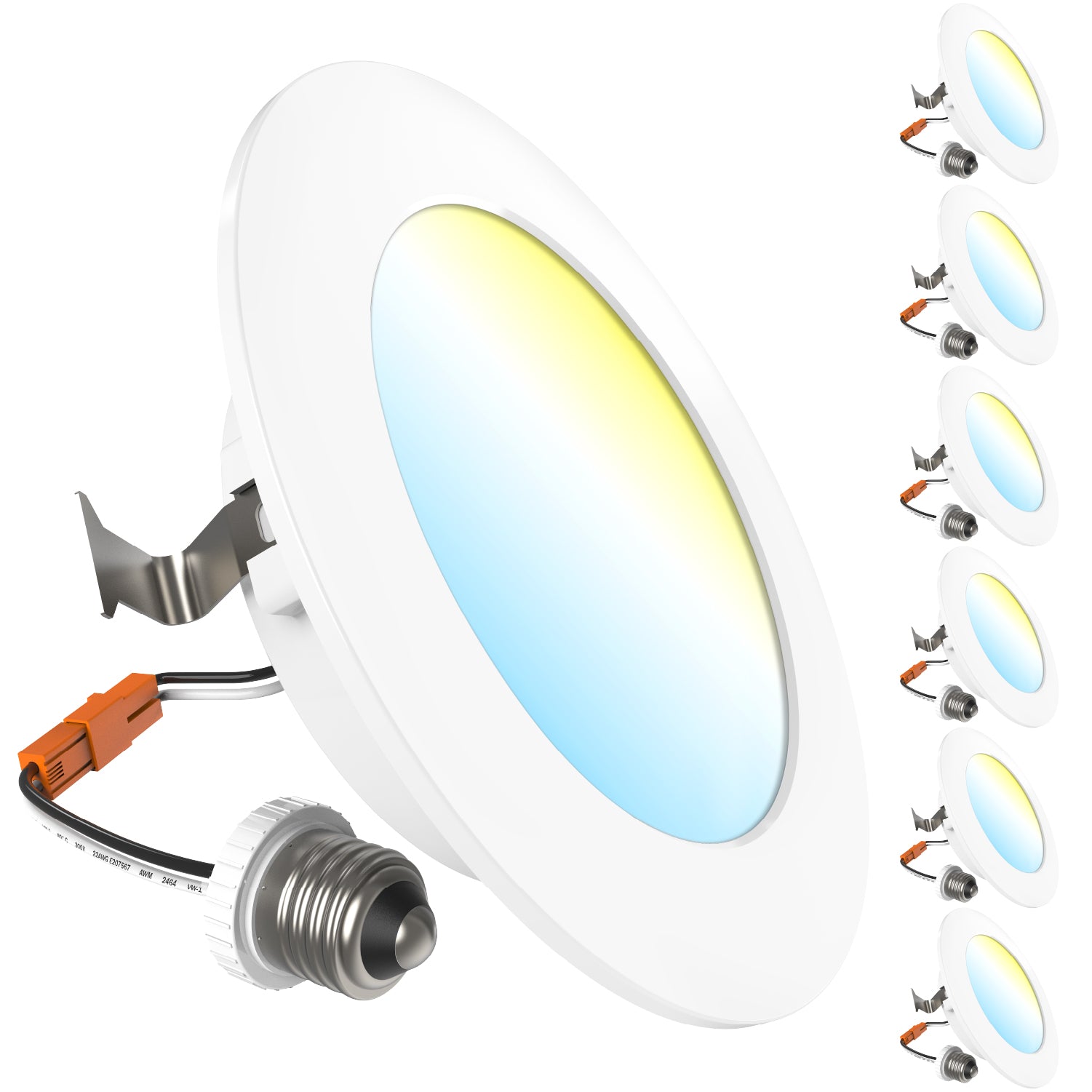 White retrofit downlight with spring clips, orange connector, and E26 adapter; 6 units arranged at right.