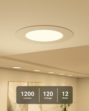 Warm-lit ceiling with recessed downlights and an overlay listing 1200 lumens, 120 voltage, and 12 watts