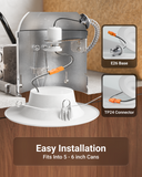 Recessed light housing with labeled callouts for an E26 screw base, TP24 connector, and “Easy Installation” 5/6 inch cans