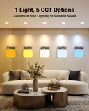 Recessed lights in living room, with text showing CCT selectable color temperatures: 2700K, 3000K, 4000K, 5000K, and 6000K