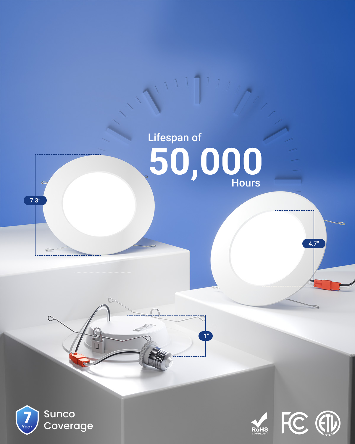 Recessed lights, blue background, fixture size, lifespan text of 50,000 hours and compliance icons