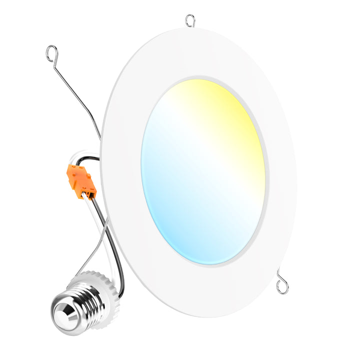 White recessed retrofit LED downlight with torsion springs, orange connector, and E26 screw-base adapter 