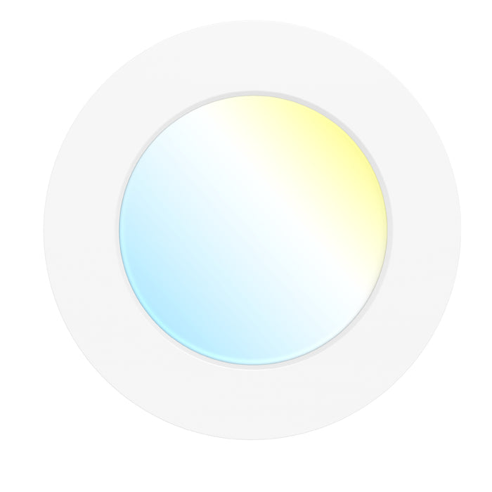 Front view of a white recessed retrofit LED downlight with smooth trim and diffused lens