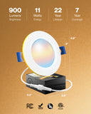 Recessed LED Lighting, 4 Inch, Slim, Wafer Thin, Night Light, Selectable CCT (2700K-6000K), 900 Lumens
