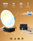 Recessed LED Lighting, 4 Inch, Slim, Wafer Thin, Night Light, Selectable CCT (2700K-6000K), 900 Lumens