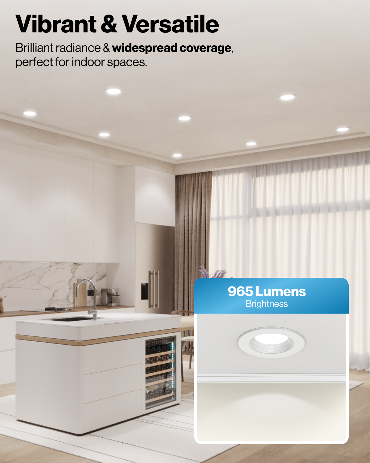Bright kitchen with recessed retrofit lights. Callout highlights 965 lumens and wide indoor coverage.
