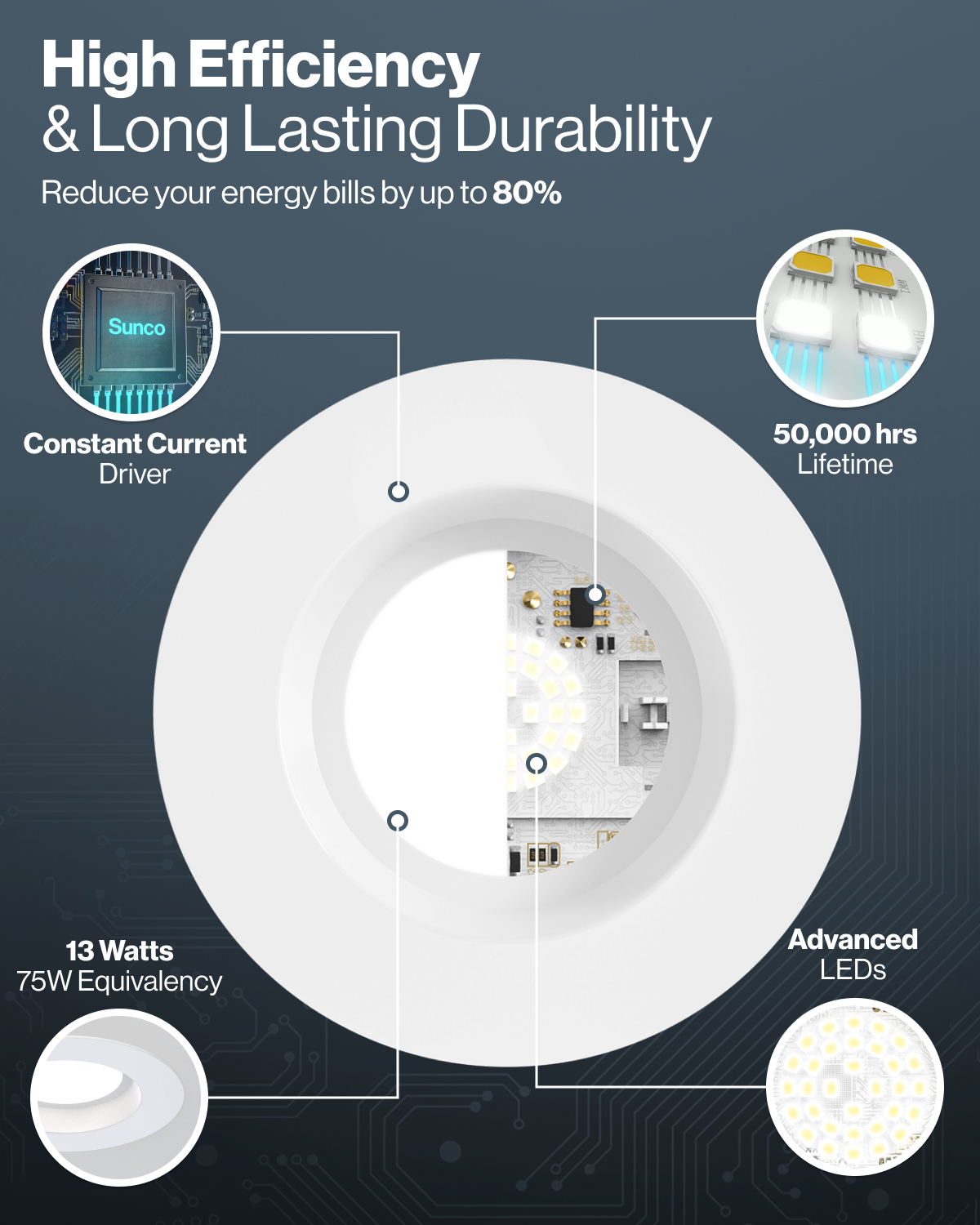 Cutaway retrofit light with constant current driver, advanced LEDs, 13 watts, and 50,000 hour lifetime.