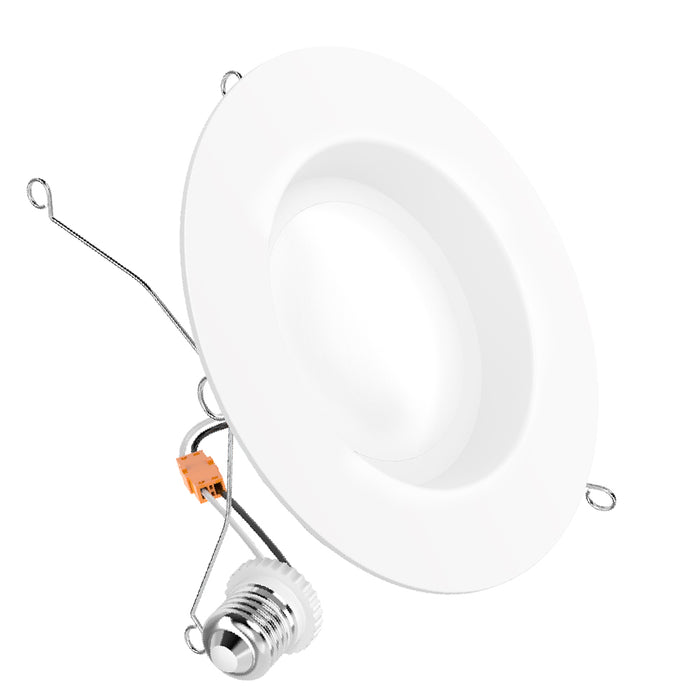 Angled 5/6 inch smooth retrofit light with E26 adapter, spring clips, orange connector, and white trim.