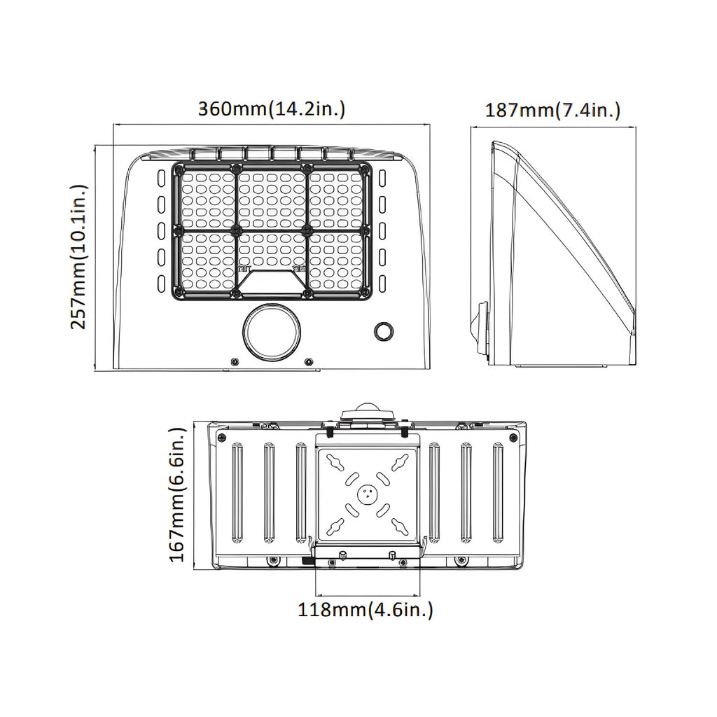 Dimension of large led cutoff wall pack or exterior wall pack light