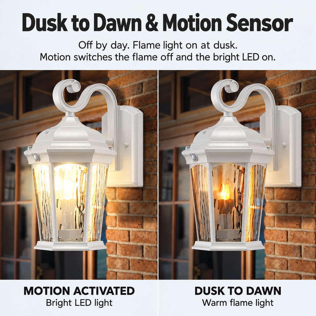 Dusk to Dawn & Motion Sensor
Dusk to Dawn - Integrated sensor keeps the lantern powered off during daylight, and activates the flame bulb at dusk. Motion Sensor - Integrated sensor detects moving objects and immediately powers off the flame bulb, turning on the bright integrated LED luminaire white finish.