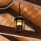 Bronze hanging lantern with flame mode in covered-ceiling application