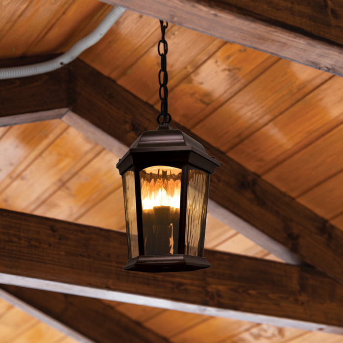 Bronze hanging lantern with flame mode in covered-ceiling application