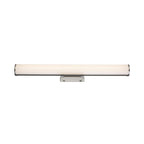 Brushed-nickel linear vanity light front view illuminated