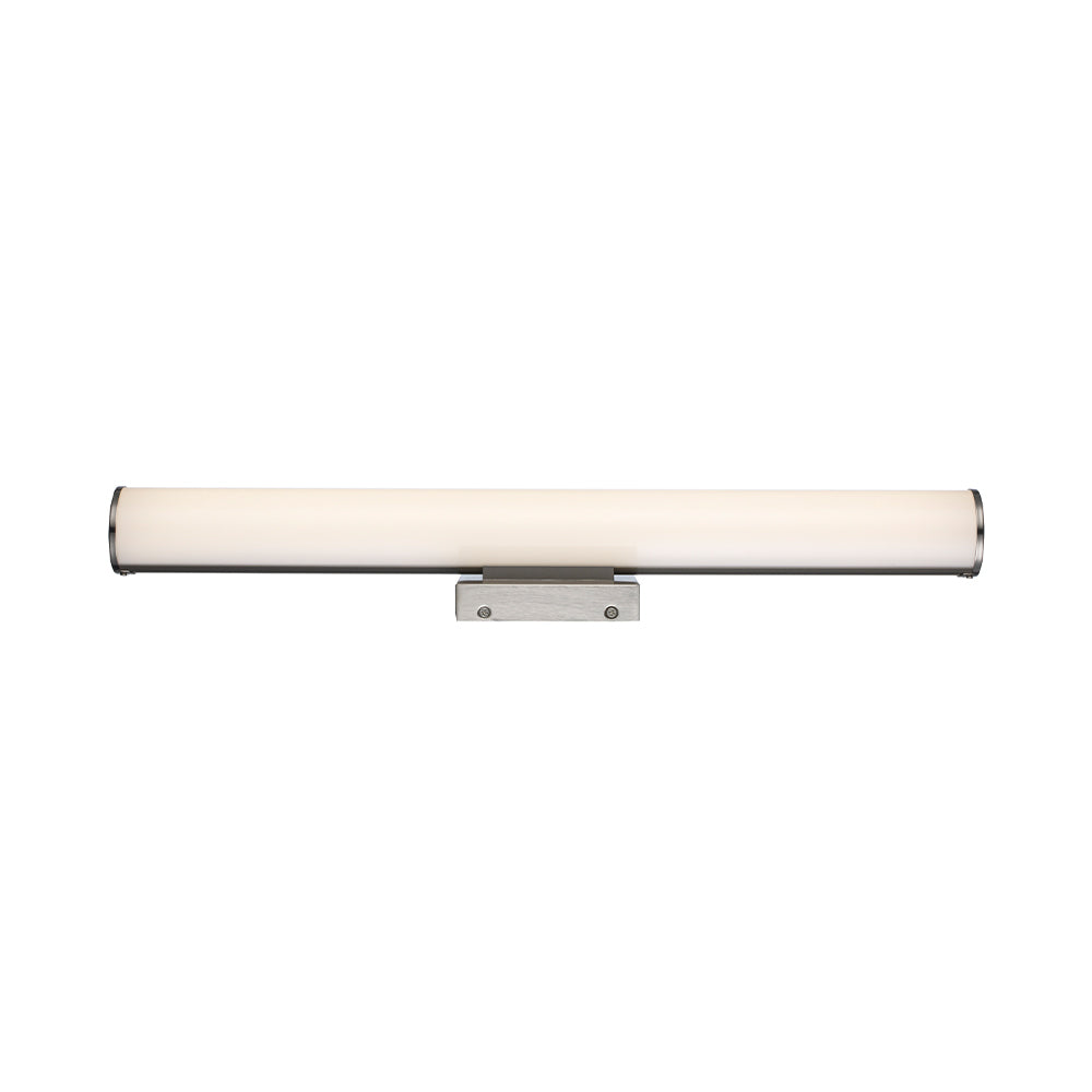 Brushed-nickel linear vanity light front view illuminated