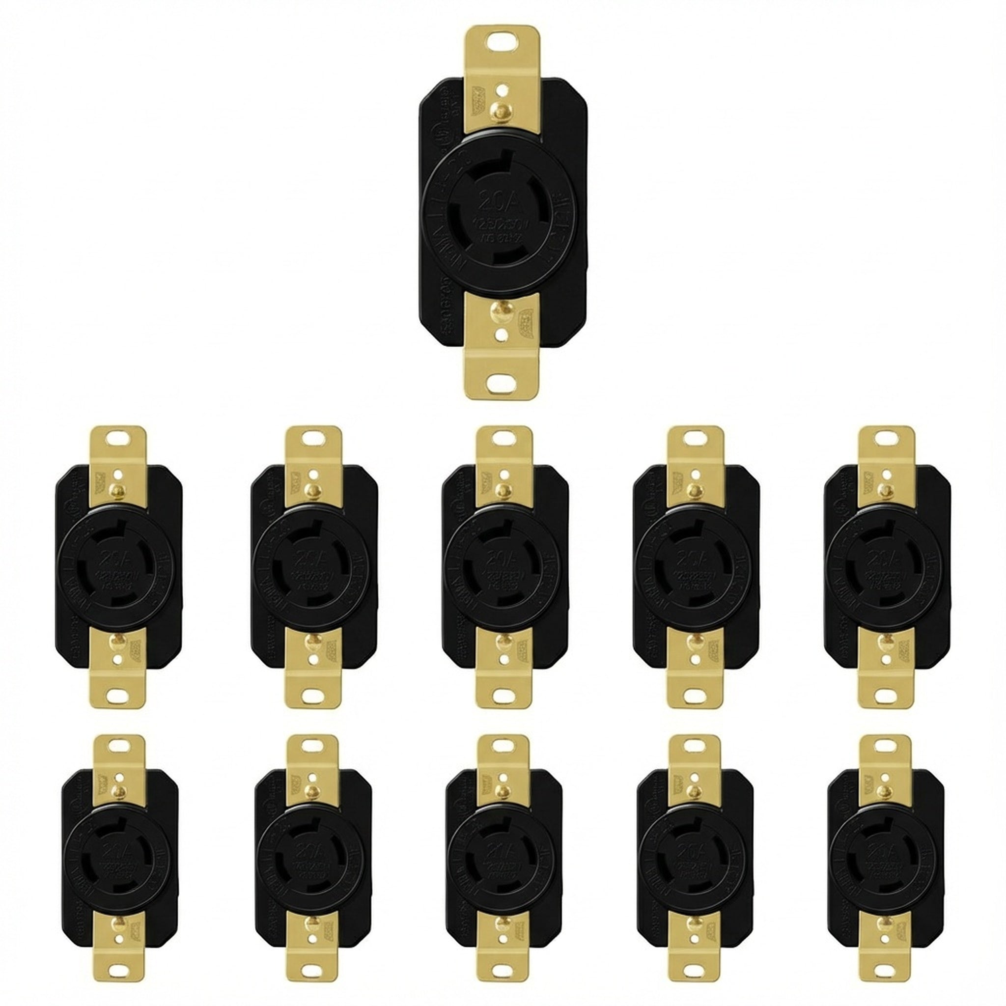 Multiple black electrical outlets with gold screws on a white background