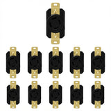 Multiple black electrical outlets with gold screws on a white background