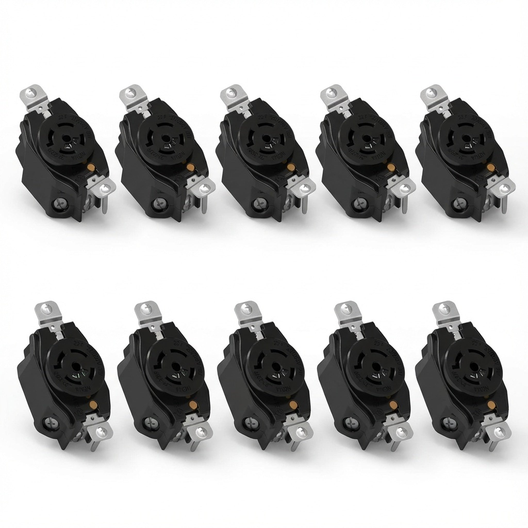 Row of black electrical outlets on a white background