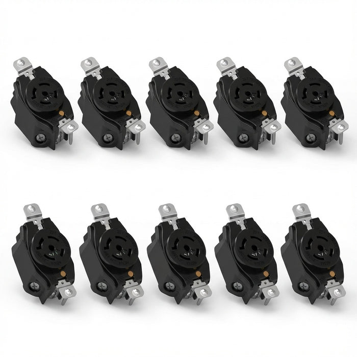 Row of black electrical outlets on a white background