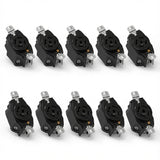 Row of black electrical outlets on a white background