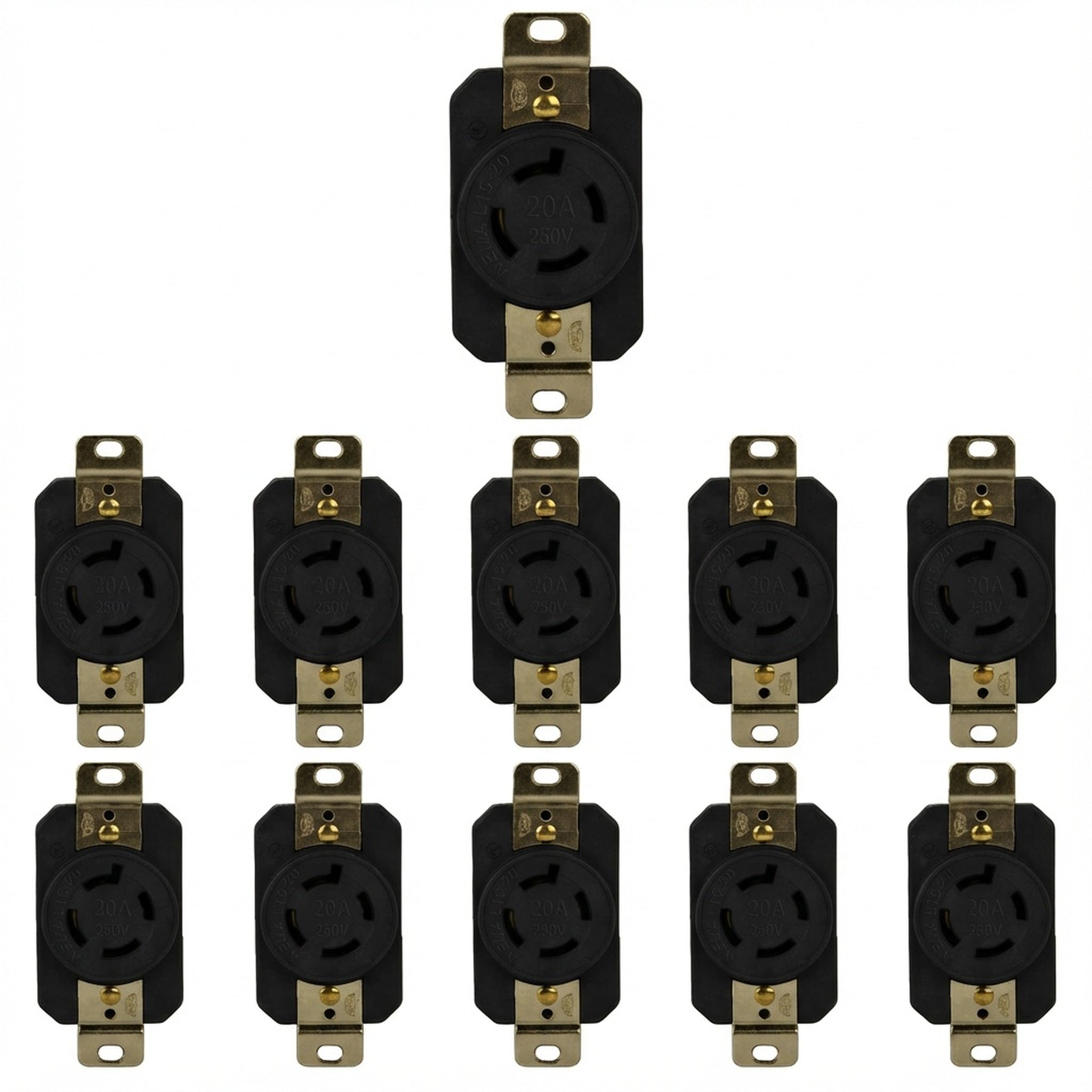 Multiple black electrical outlets with gold connectors on a white background