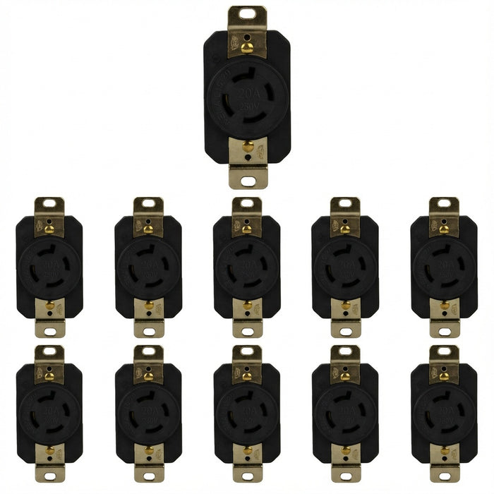 Multiple black electrical outlets with gold connectors on a white background
