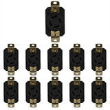 Multiple black electrical outlets with gold connectors on a white background