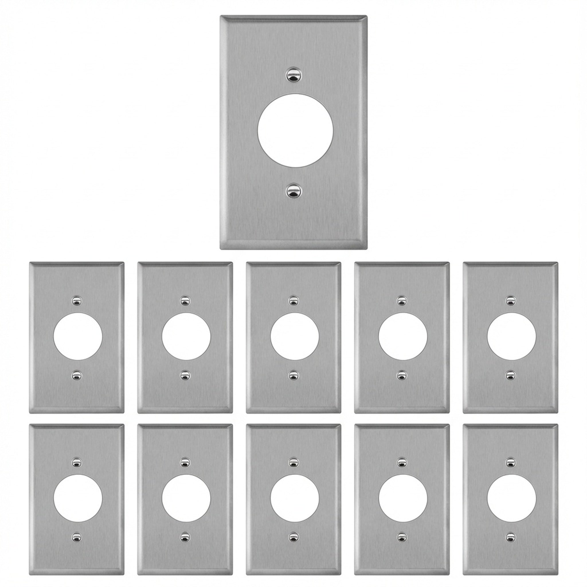 Set of 10 silver electrical wall plates with single gang openings on a white background