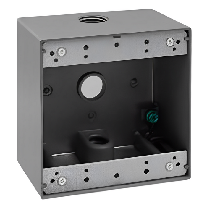 Metal box with multiple holes and mounting hardware on a white background