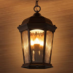 Bronze hanging lantern illuminated in covered-ceiling application