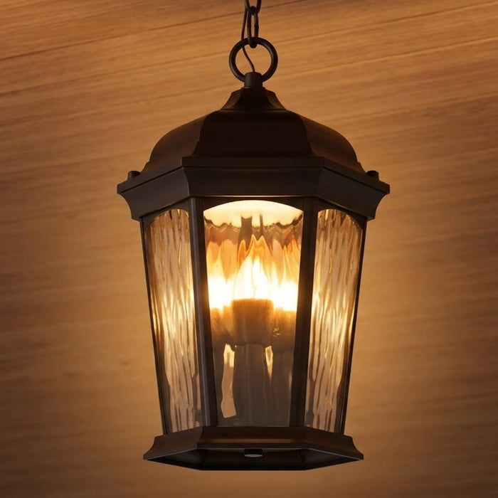 Bronze hanging lantern illuminated in covered-ceiling application