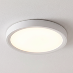 White round flush-mount ceiling light installed illuminated