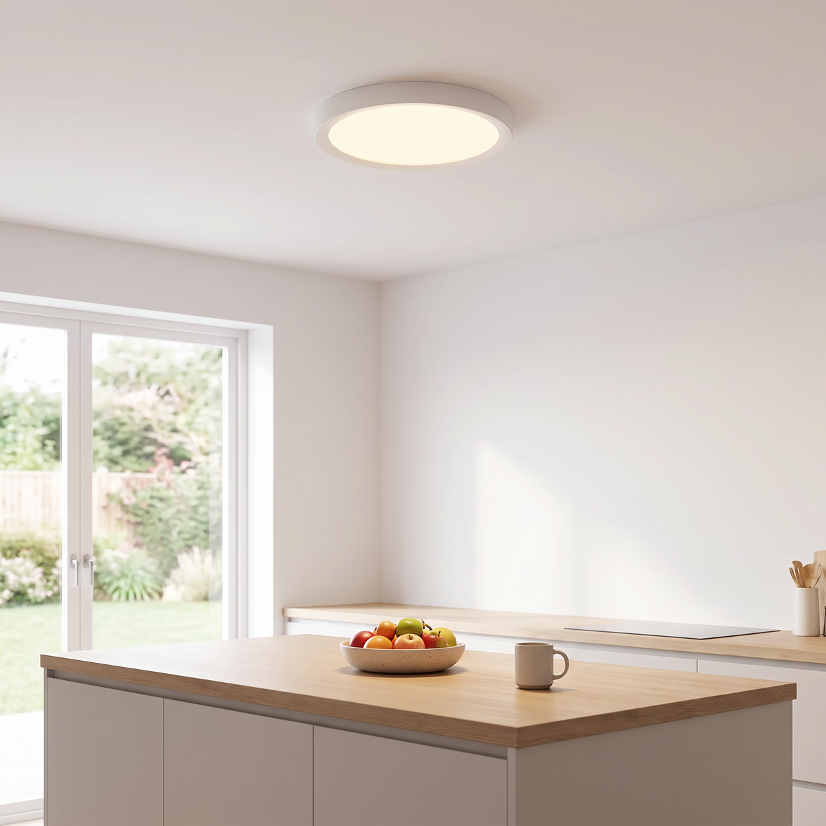 White round flush-mount ceiling light kitchen application
