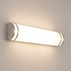 Brushed-nickel short tube vanity light installed horizontally