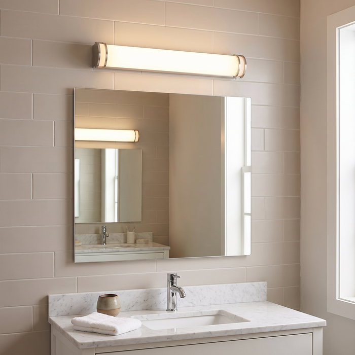 Brushed-nickel tube vanity light above mirror