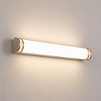 Brushed-nickel tube vanity light installed horizontally