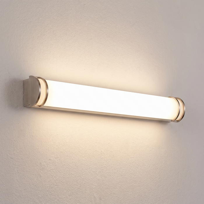 Brushed-nickel tube vanity light installed horizontally