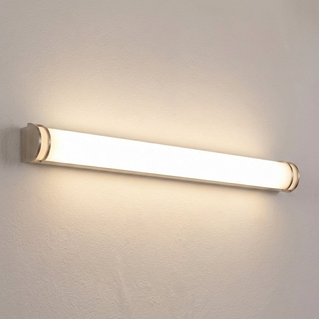 Brushed-nickel long tube vanity light installed horizontally