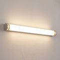 Brushed-nickel long tube vanity light installed horizontally