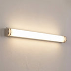 Brushed-nickel long tube vanity light installed horizontally