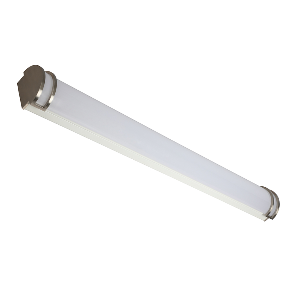 Brushed-nickel long tube vanity light isolated unlit perspective