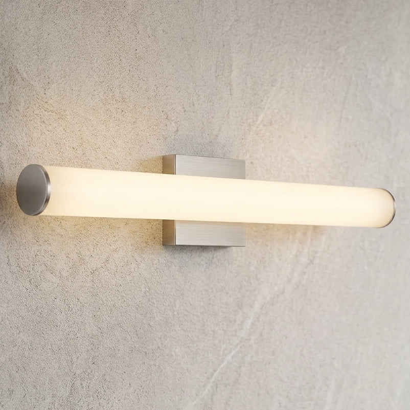 Brushed-nickel linear vanity light installed horizontally