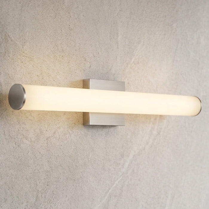 Brushed-nickel linear vanity light installed horizontally
